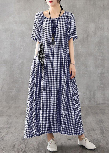Blue Plaid Linen Dresses Summer Cotton Dress