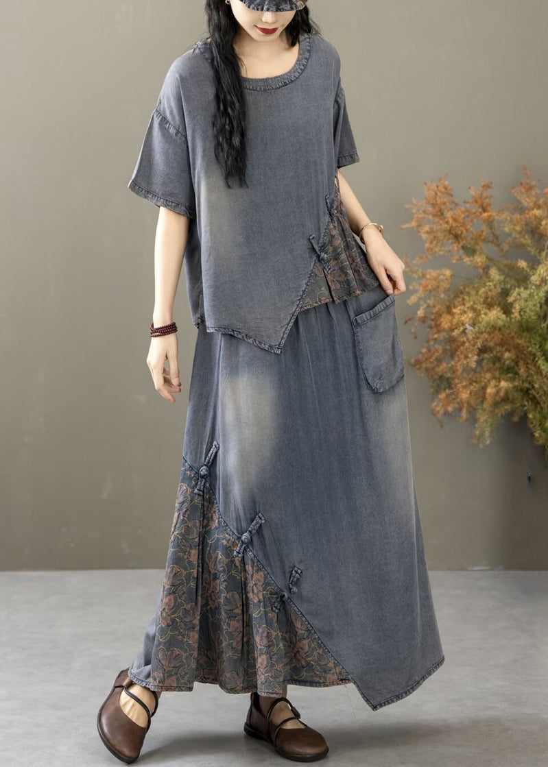 Blue Print T Shirt and Skirts Two Piece Set Short Sleeve