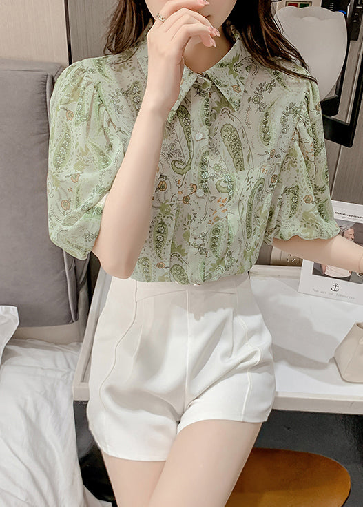 Green Peter Pan Collar Print Chiffon Shirt Top Lantern Sleeve