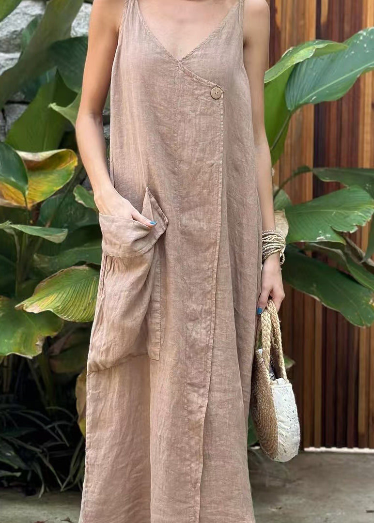 Khaki V Neck Pockets Cotton Spaghetti Strap Dress Summer