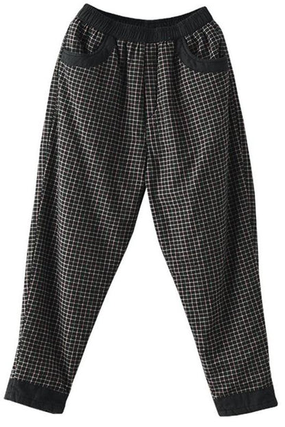 Cotton Linen Plaid Elastic Waist Pants
