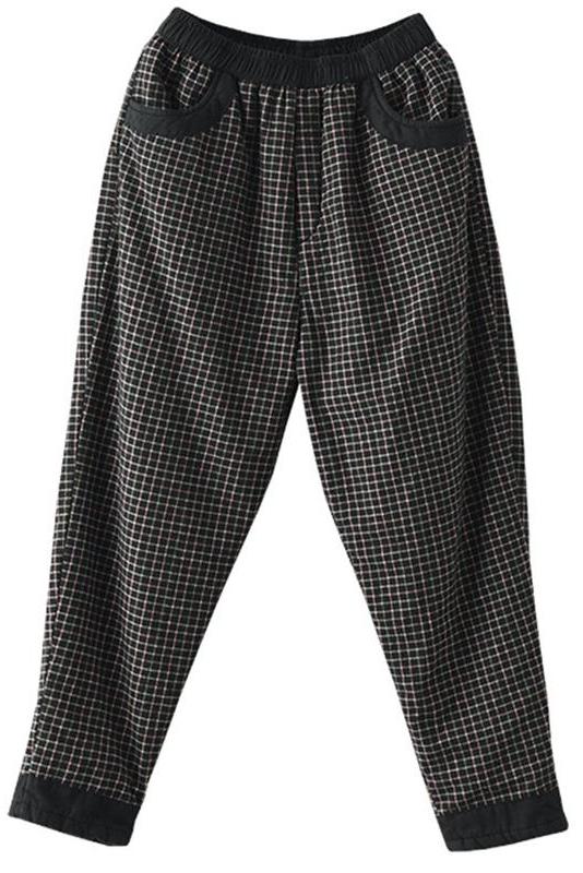 Cotton Linen Plaid Elastic Waist Pants