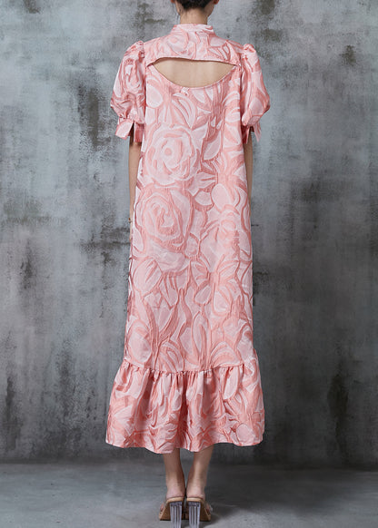 Pink Stand Collar Jacquard Silk Robe Dresses Summer