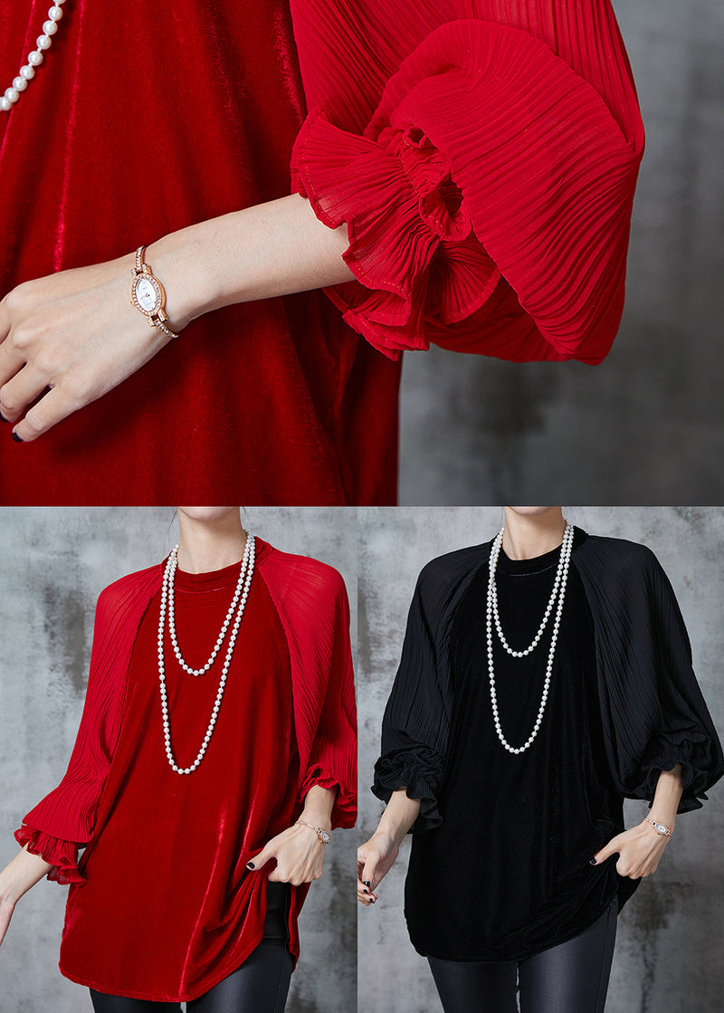 Red Oversized Patchwork Velour Shirt Tops Fall