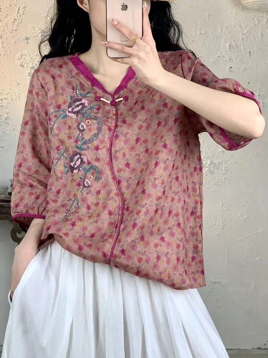 Summer Embroidery Ramie Shirt