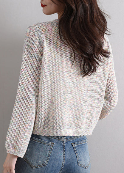 French Beige Hollow Out Button Knit Cardigan Fall