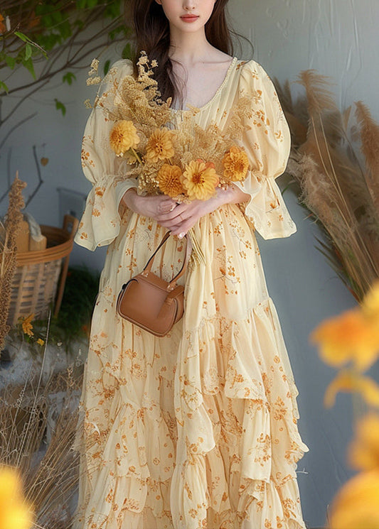 Yellow Ruffled Print Chiffon Dress Flare Sleeve