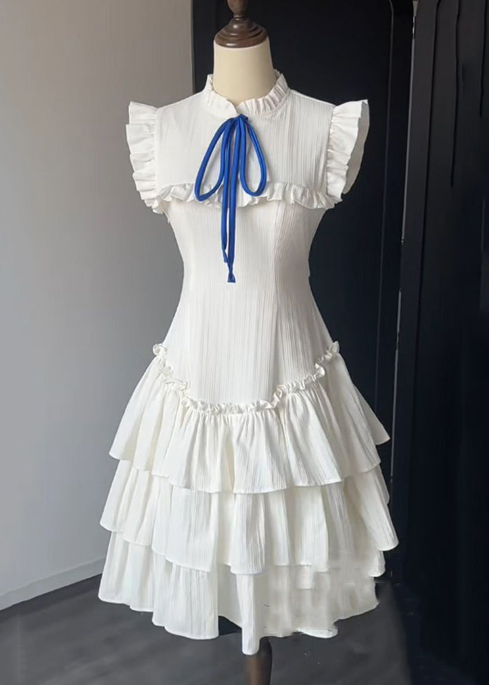 French White Ruffled Lace Up Cotton Dress Sleeveless
