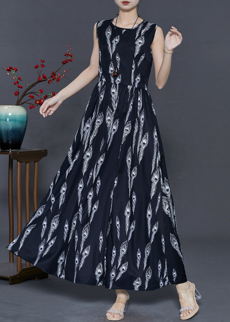 Black Feather Print Chiffon Holiday Dress Summer