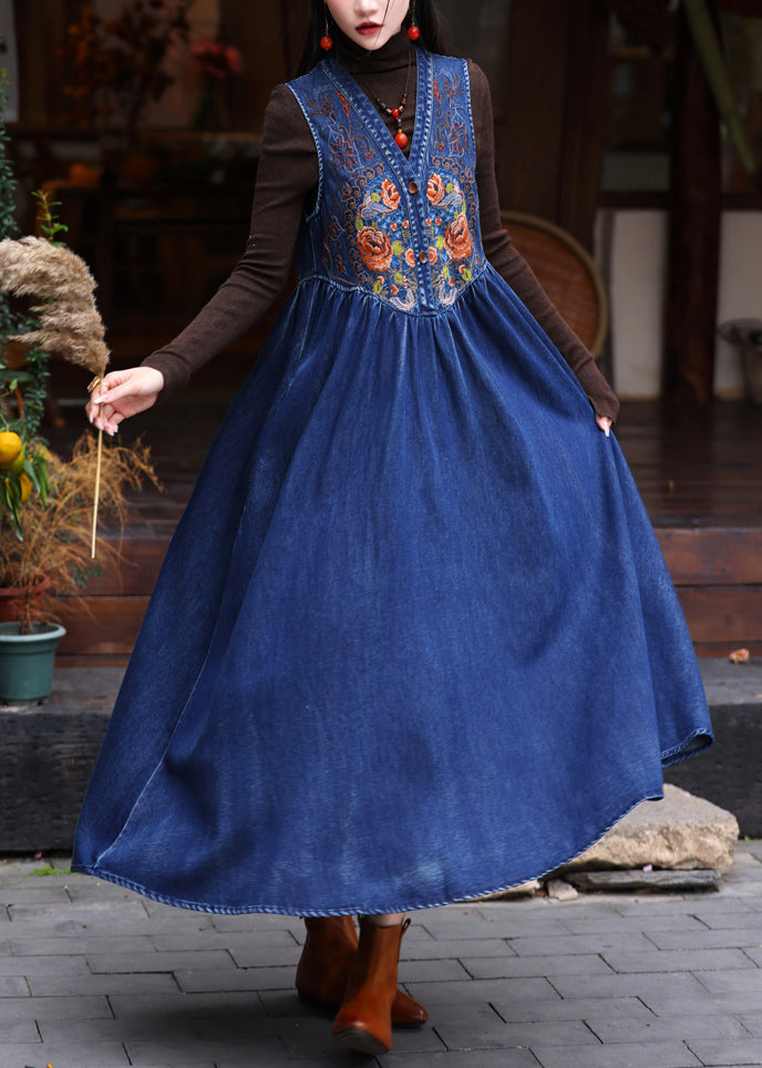 Diy Denim Blue V Neck Embroidered Patchwork Maxi Denim Vest Dress Sleeveless