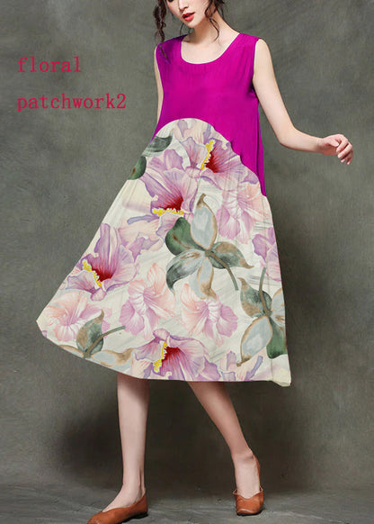 Wine Red-floral1 O-neck Wrinkled Long Dresses Sleeveless