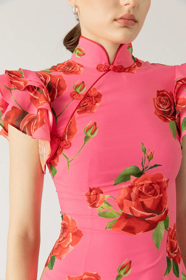 Cheongsam Style Rose Print Tiered Flare Sleeve Stretch Maxi Dress