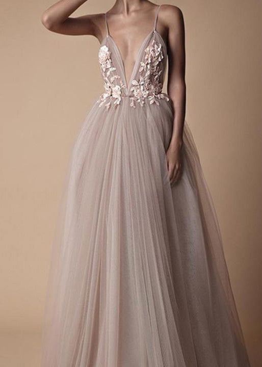 Classy V Neck Tulle Spaghetti Strap Dress Summer