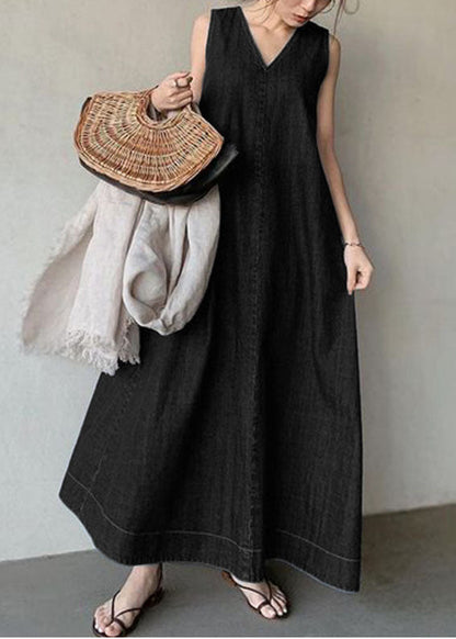 Navy V Neck Cold Shoulder Cotton Denim Dress Sleeveless