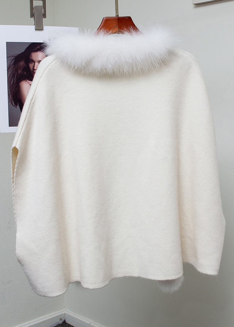 Beige Patchwork Woolen Winter Coat Fox Collar
