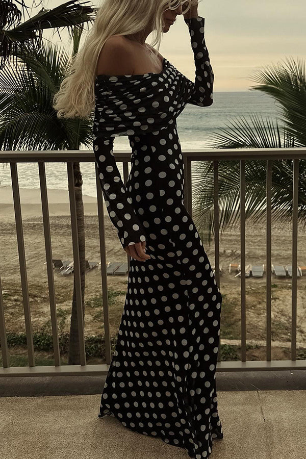 Statement Polka Dot Print Off Shoulder Ruched Stretch Maxi Dress
