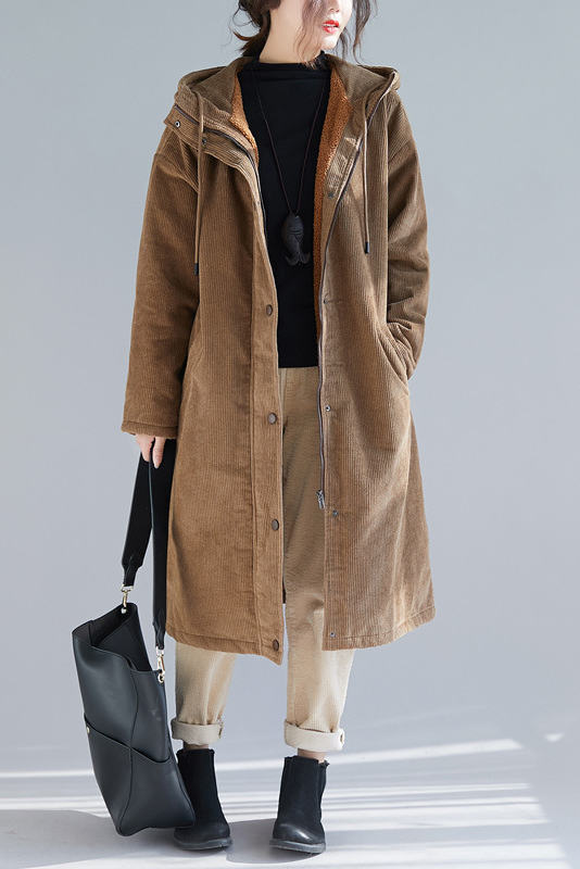 -winter Lamb Fleece Mid Length Coat Corduroy Hooded Coat