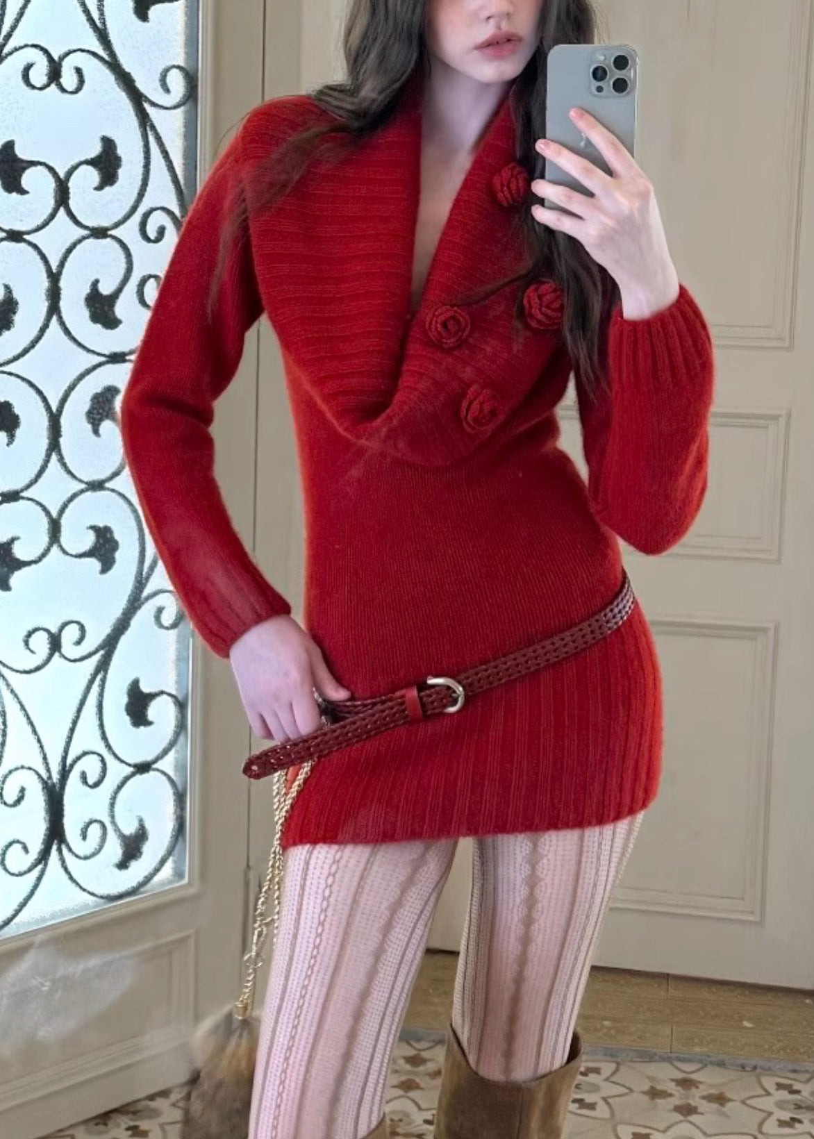 Slim Fit Red Sashes Cotton Knit Mid Sweater Dress Fall