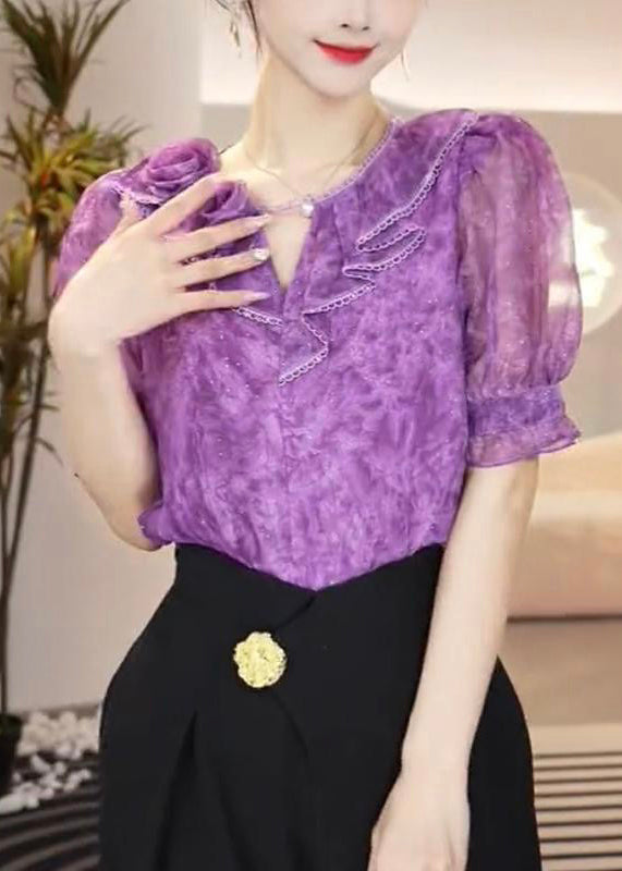Fitted Purple O Neck Patchwork Chiffon Top Summer