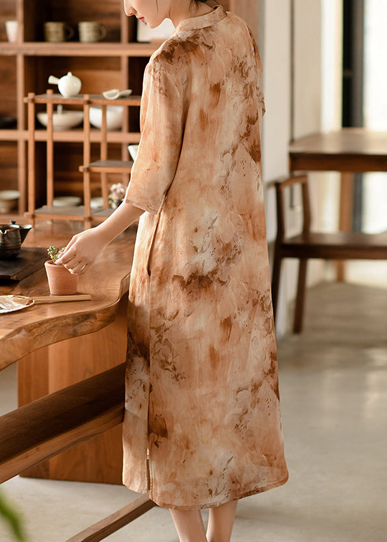 Chinese Style Orange Stand Collar Print Linen Long Dress Summer
