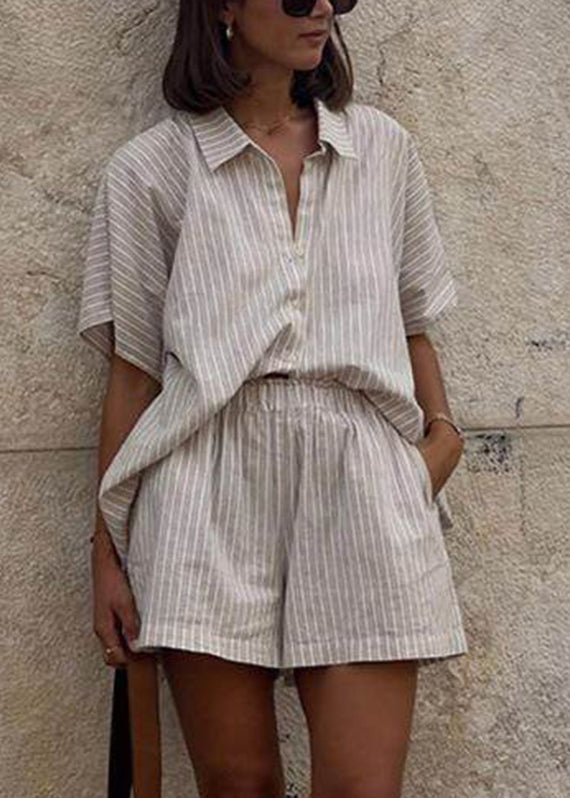Loose Khaki Peter Pan Collar Striped Shirts and Shorts Two Pieces Set Short Sleeve