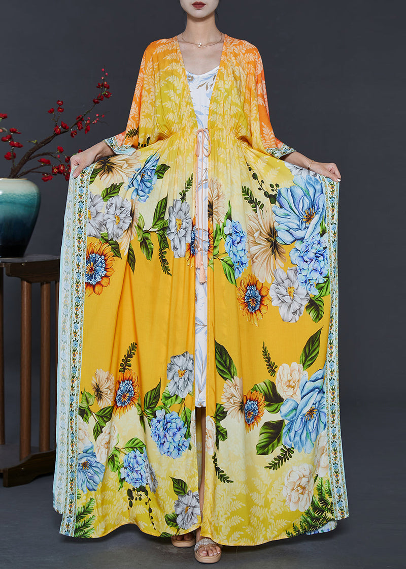 Yellow Tie Waist Print Chiffon Beach Dresses Fall