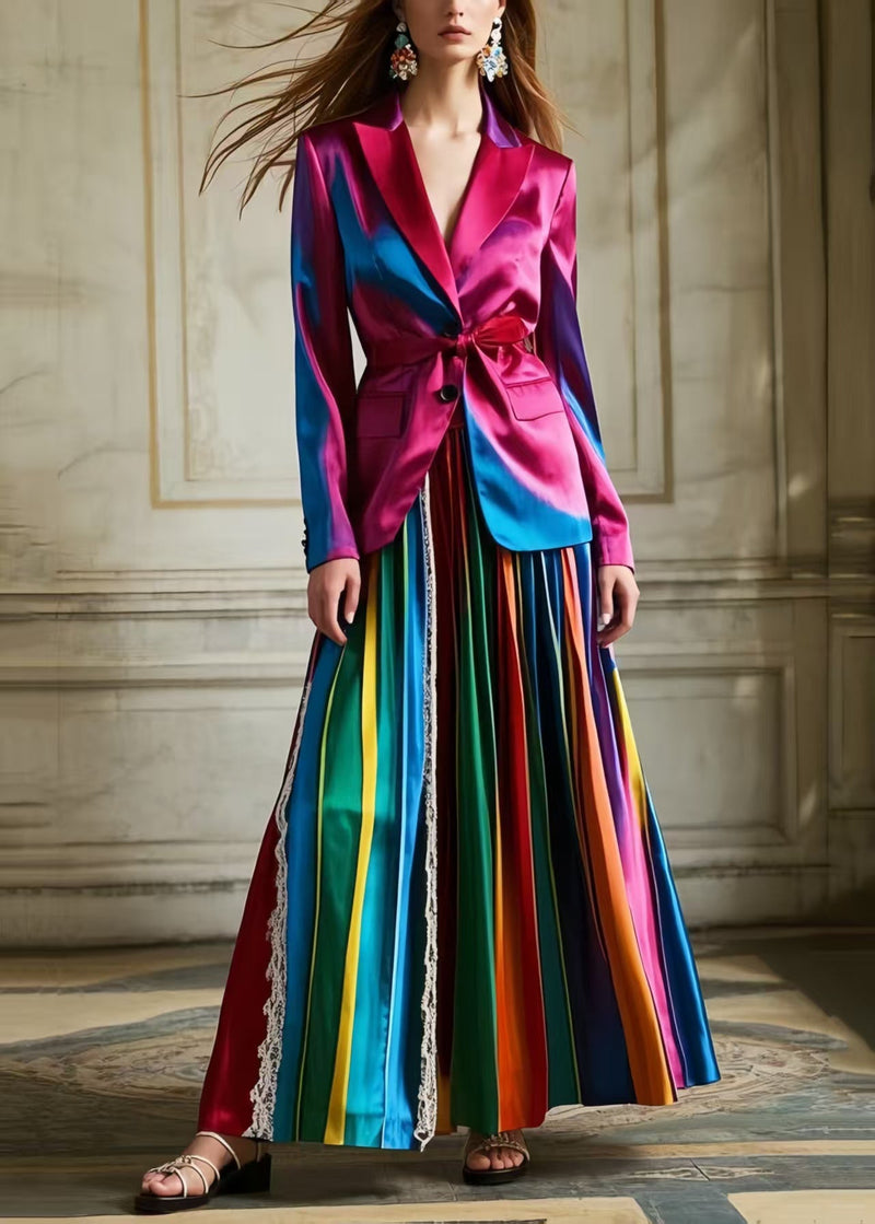 Polychrome Striped Patchwork Lace Silk Pleated Skirt Spring