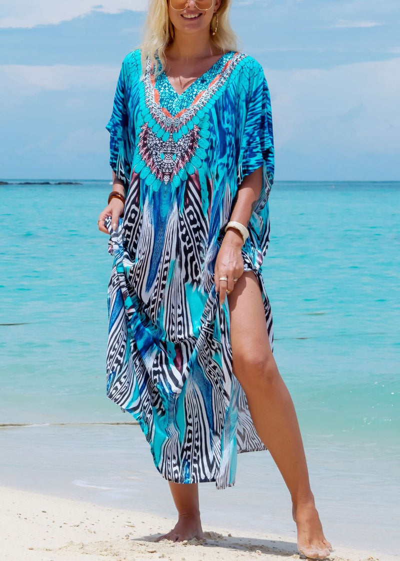 Style Blue V Neck Print Side Open Cotton Long Dress Summer