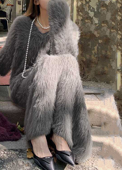 Stylish Grey Mink Hair Knitted Sweaters and Maxi Skirts Two Piece Set Winter