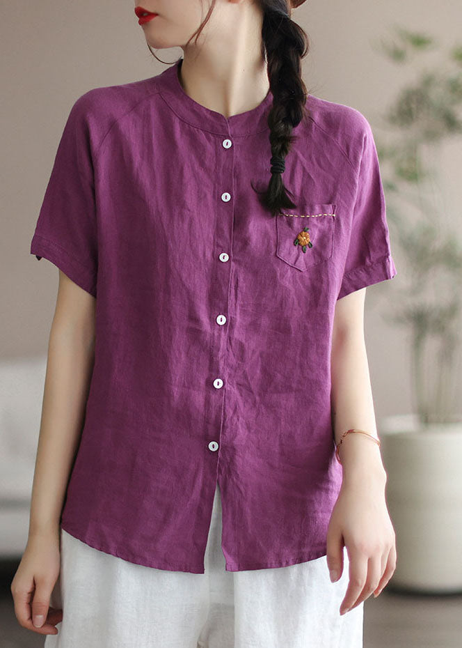 Purple Embroidered Pocket Linen Shirt Top Short Sleeve