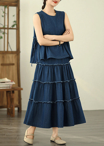 Loose Navy Ruffled Patchwork Denim Top and Maxi Skirts Two Piece Set Sleeveless