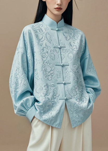 Blue Stand Collar Button Silk Cotton Coats Fall