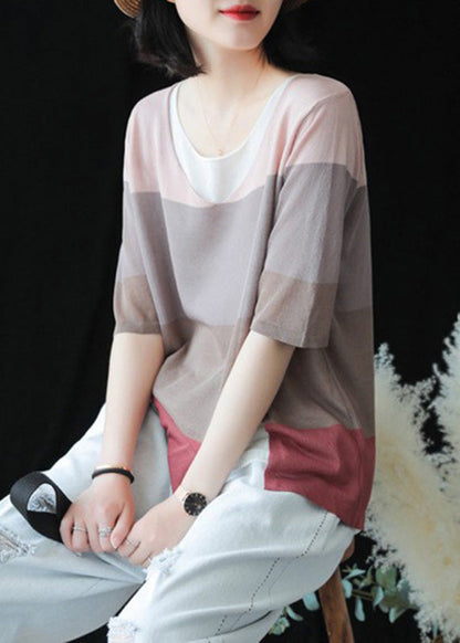 O-neck Striped Patchwork Ice Silk Top Short Sleeve
