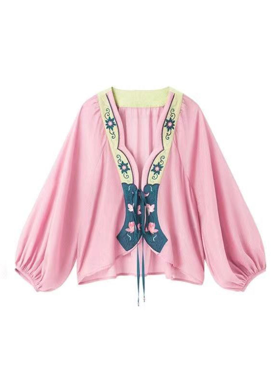 Original Design Pink Print Lace Up Chiffon Cardigans Lantern Sleeve