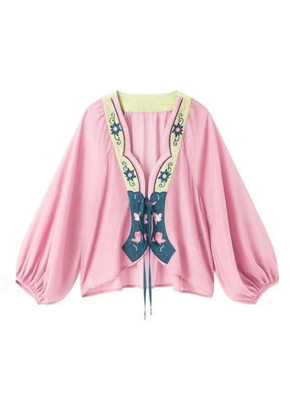 Original Design Pink Print Lace Up Chiffon Cardigans Lantern Sleeve