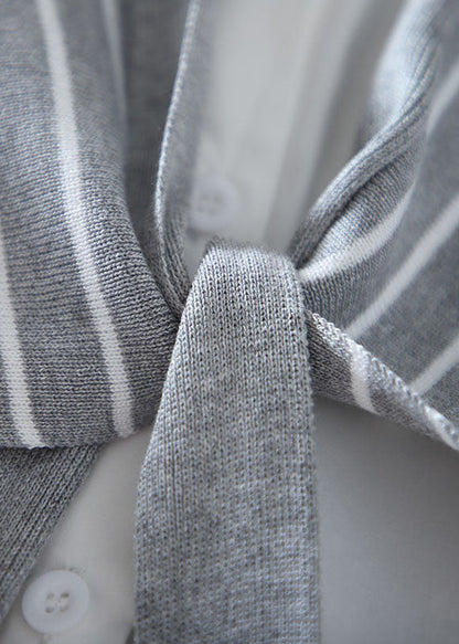 Fitted Grey Striped Patchwork Knit Fake Two Piece Shirt Spring