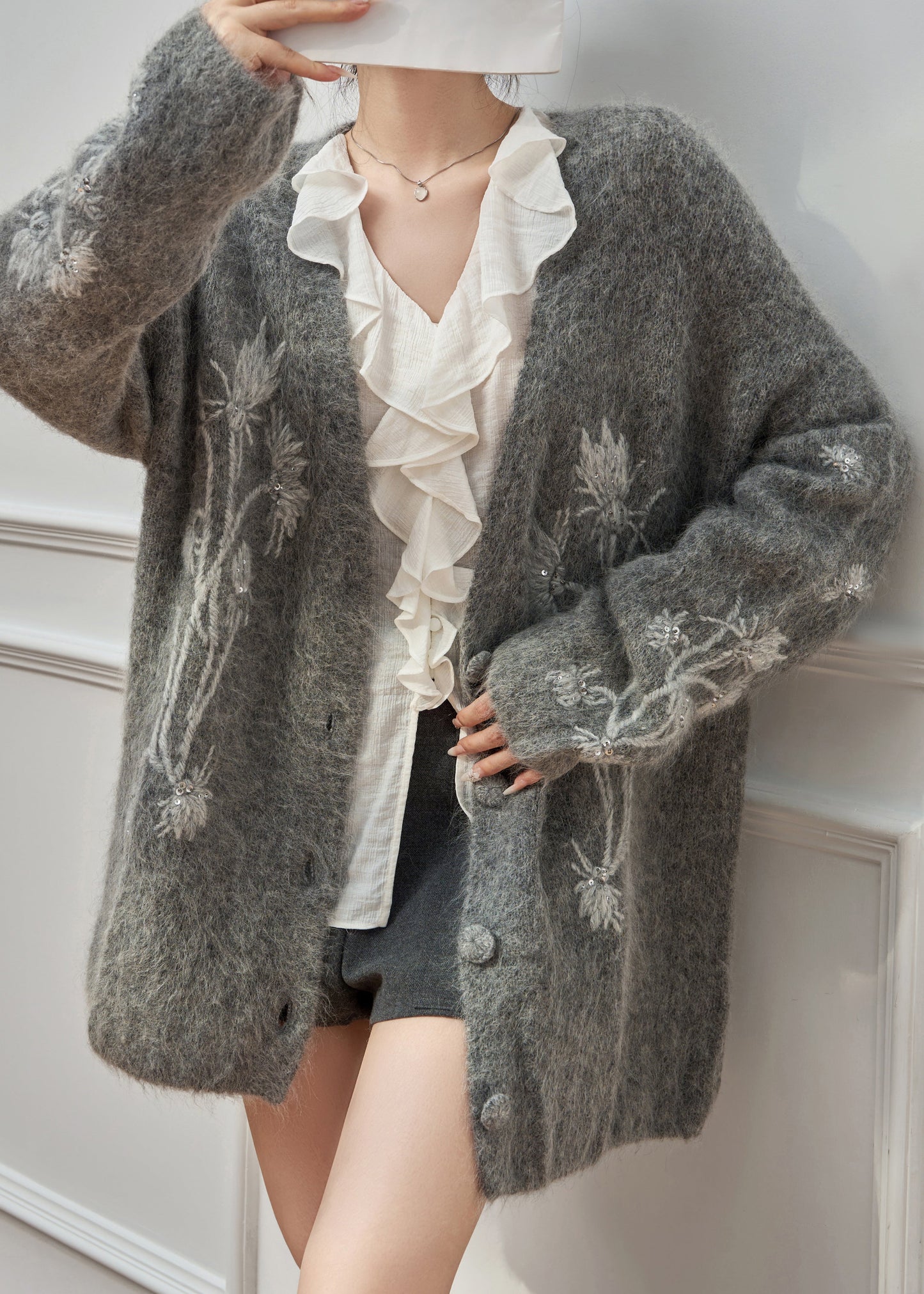 Grey V Neck Embroidered Cotton Knit Cardigan Fall
