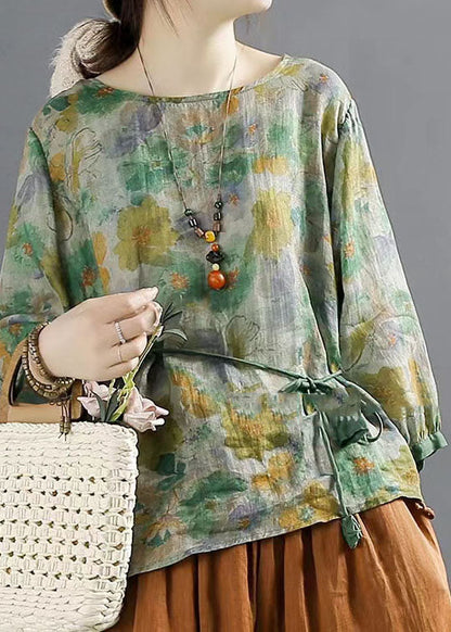 Green O Neck Print Lace Up Patchwork Linen Tops Summer