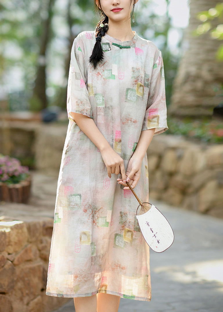 Retro Blue Stand Collar Print Oriental Button Linen Dress Spring