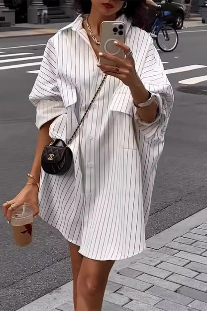 Striped Print Pocket Turndown Collar Tops