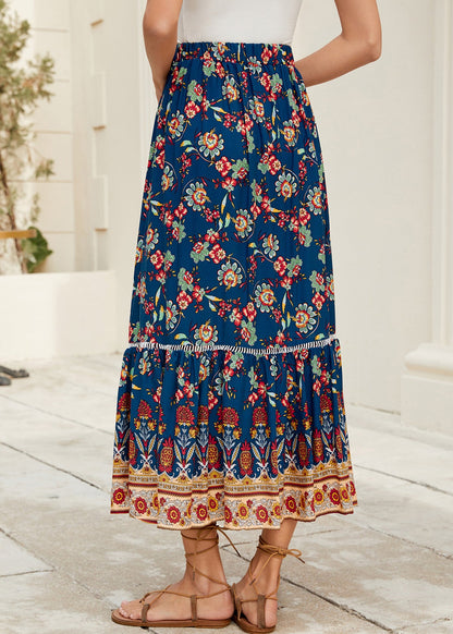 Navy Print Elastic Waist Cotton Skirt Summer