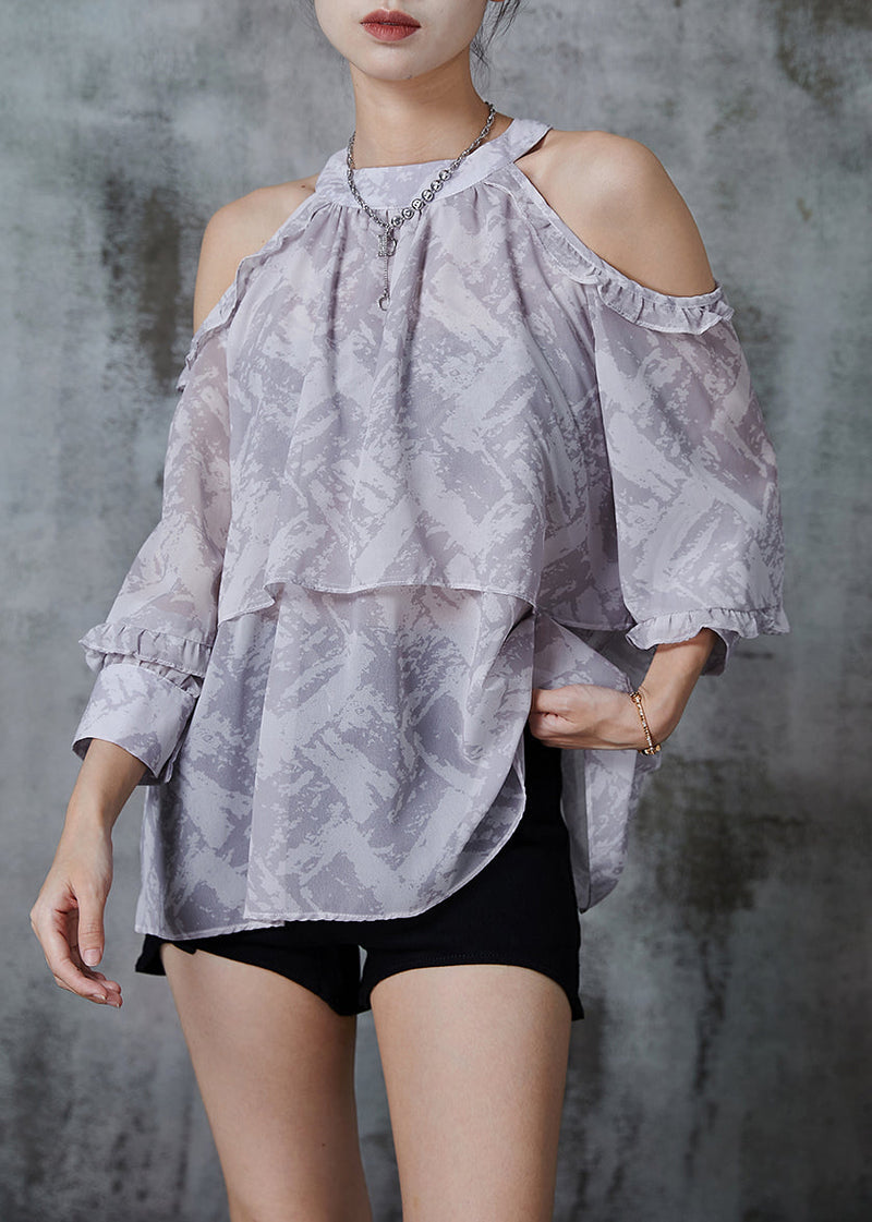Simple Grey Cold Shoulder Print Chiffon Shirt Top Fall
