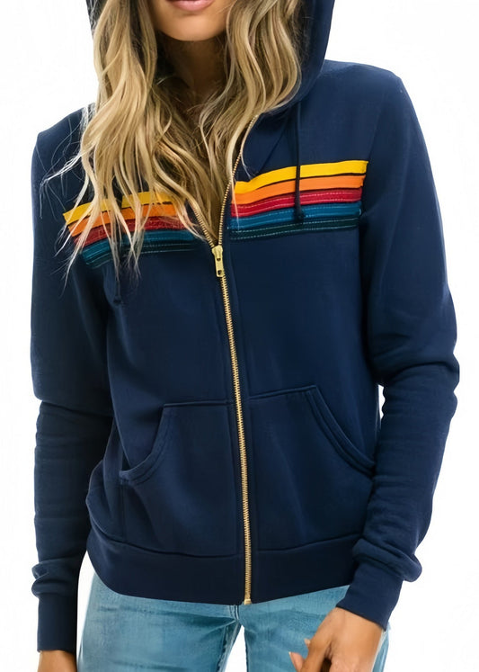 Navy Zip Up Pockets Warm Fleece Hooded Coat Winter