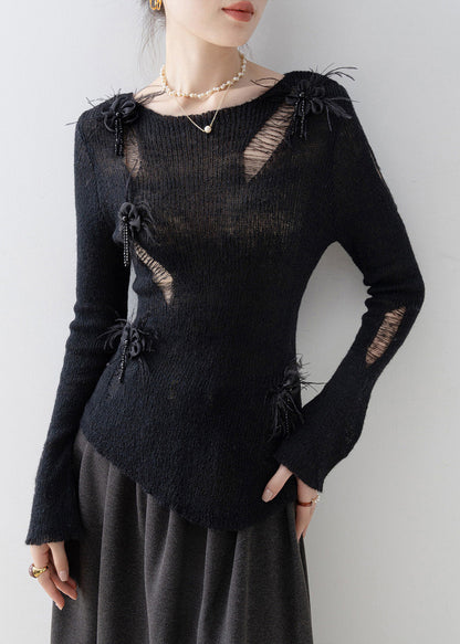 Black O Neck Tassel Knit Top Spring