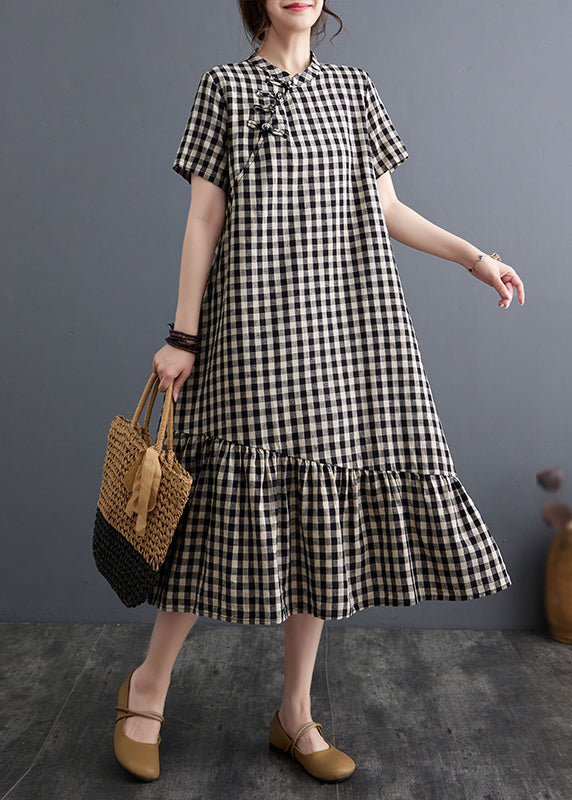 Big Plaid Stand Collar Patchwork Cotton Dress Summer