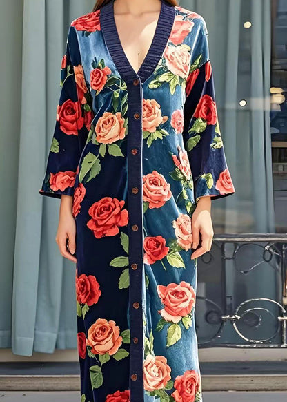 Italian Navy V Neck Silk Velvet Long Dress Spring