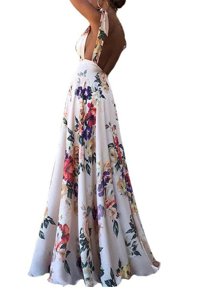 Backless Print Lace Up Chiffon Spaghetti Strap Dress Summer