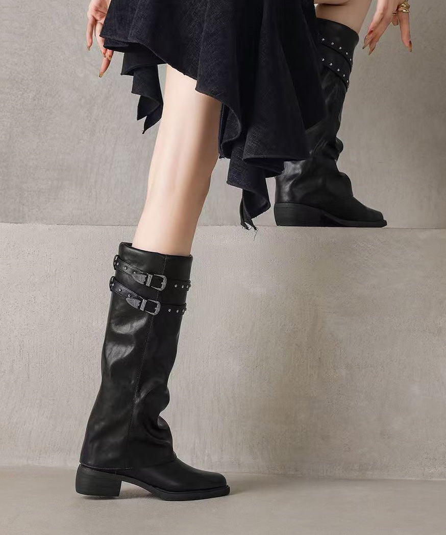 Stylish Rivet Splicing Chunky Boots Black Faux Leather