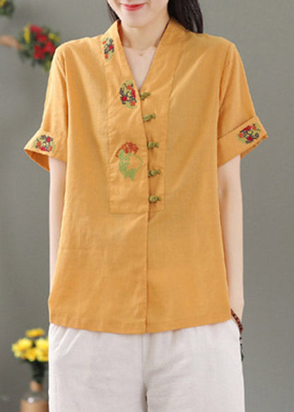Yellow V Neck Embroidered Button Shirt Short Sleeve