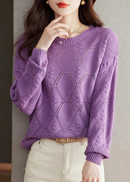 Brick Red O Neck Hollow Out Knitted Tops Fall